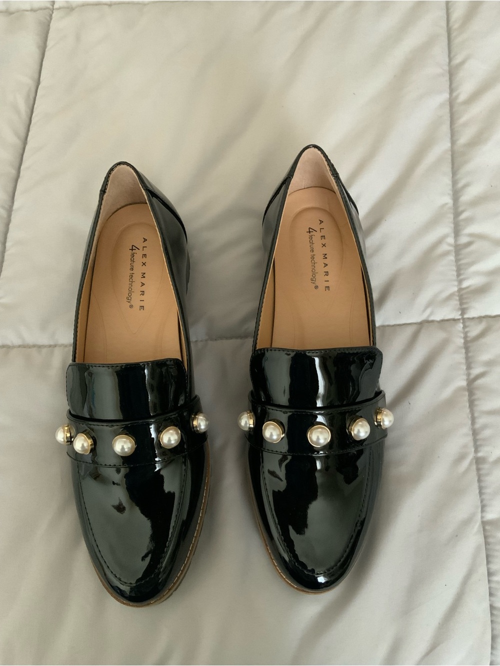 Alex Marie Black Patent Loafers with Pearl Accent